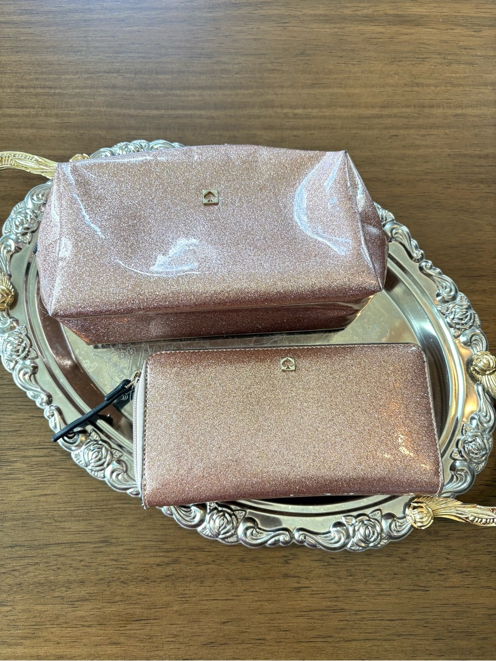 Kate Spade Rose Gold Sparkle Wallet and Matching Makeup Pouch